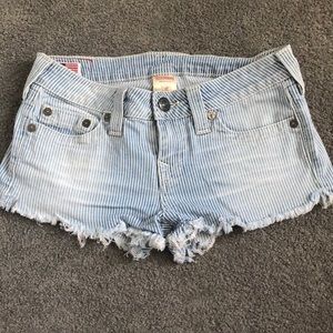 True Religion Bobby Pinstripe Cut-Off Jean Shorts